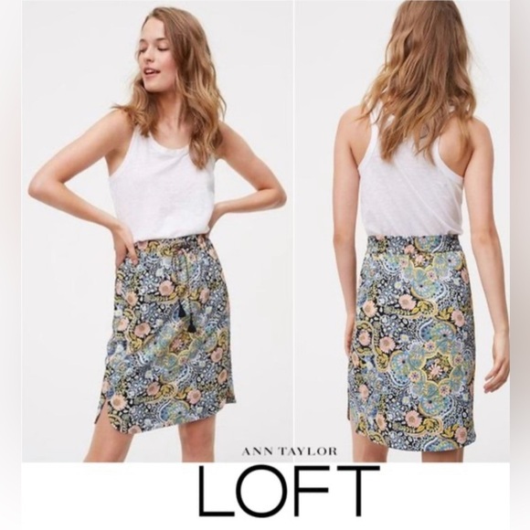 LOFT Blue and Pink Floral elastic waist drawstring skirt size M - Picture 1 of 12